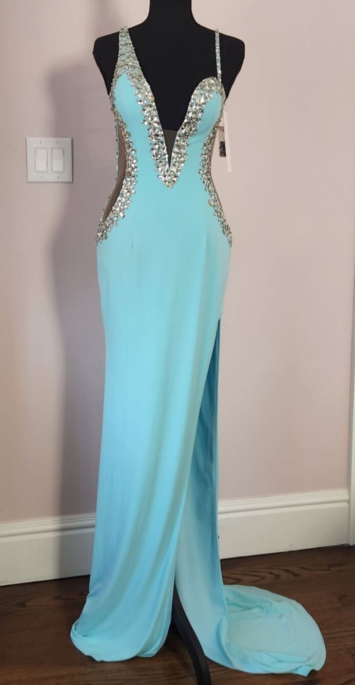 NWT-Jovani Couture Beaded Plunge Gown Tiffany Blue Slit Dress-Size 4 - Picture 6 of 16